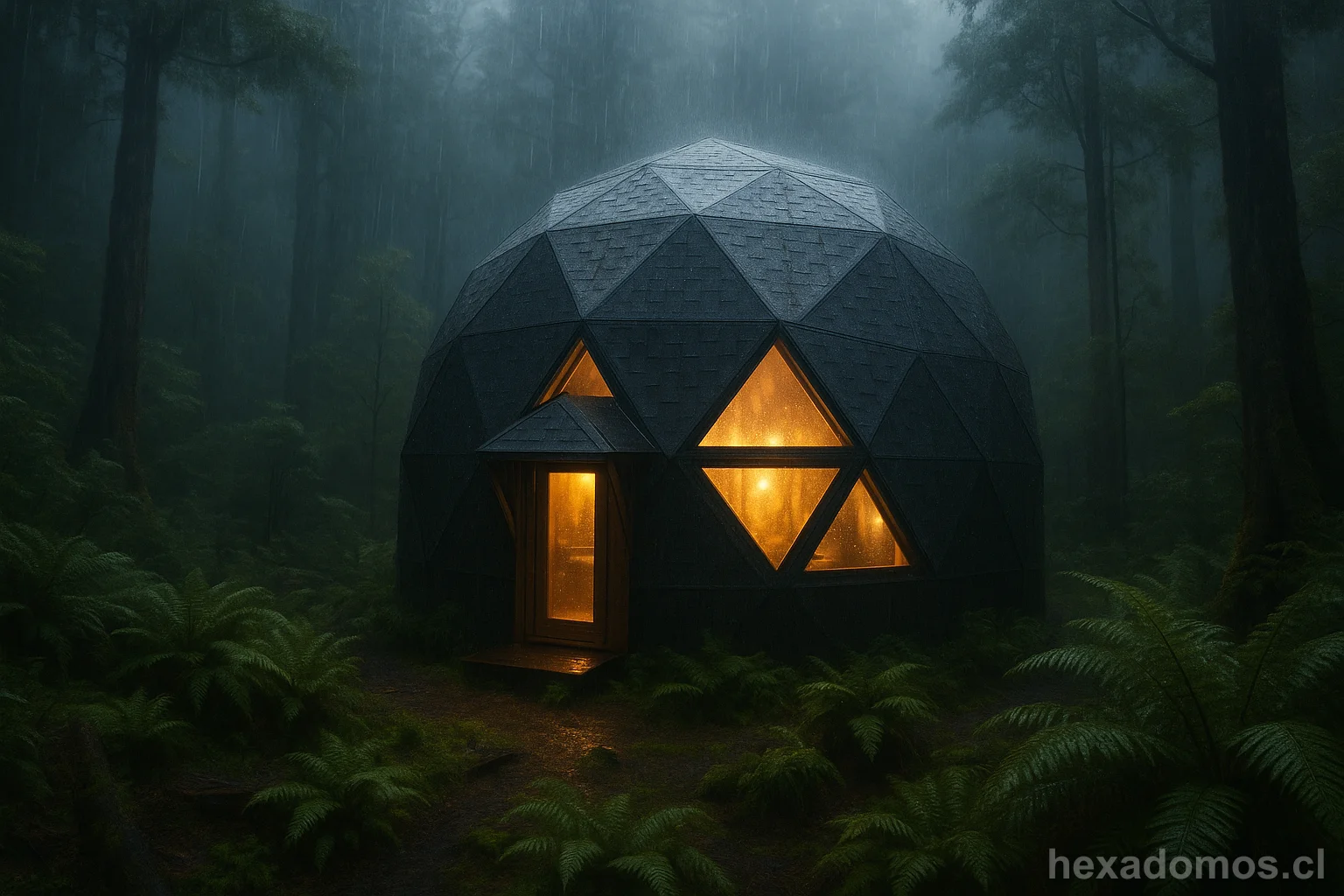 Domo geodésico en bosque brumoso con iluminación cálida