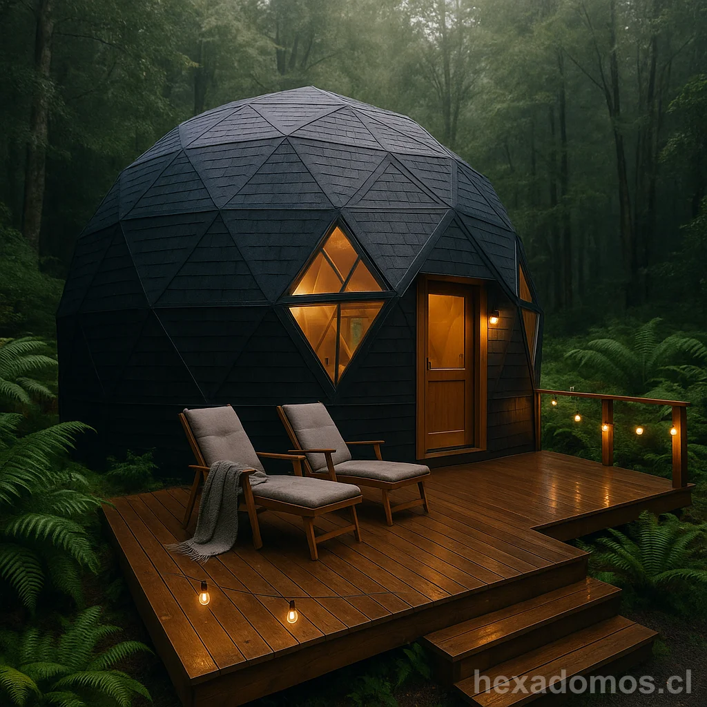 Domo geodésico oscuro en bosque verde con terraza elevada