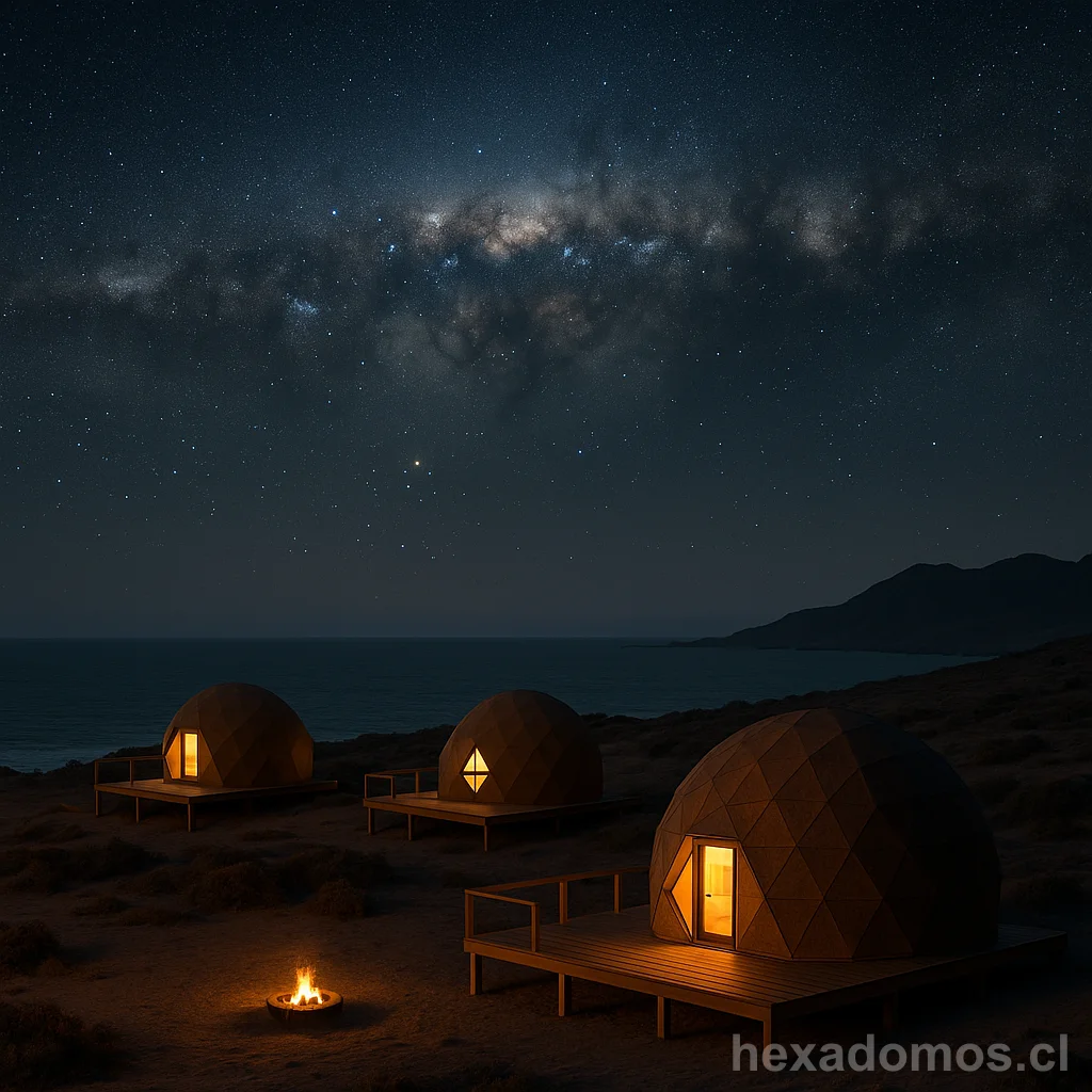 Tres domos geodésicos en costa bajo cielo estrellado con Vía Láctea