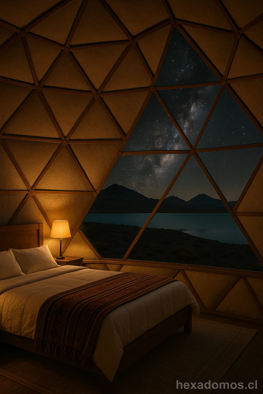 Interior de domo geodésico con vista al cielo estrellado, lago y montañas