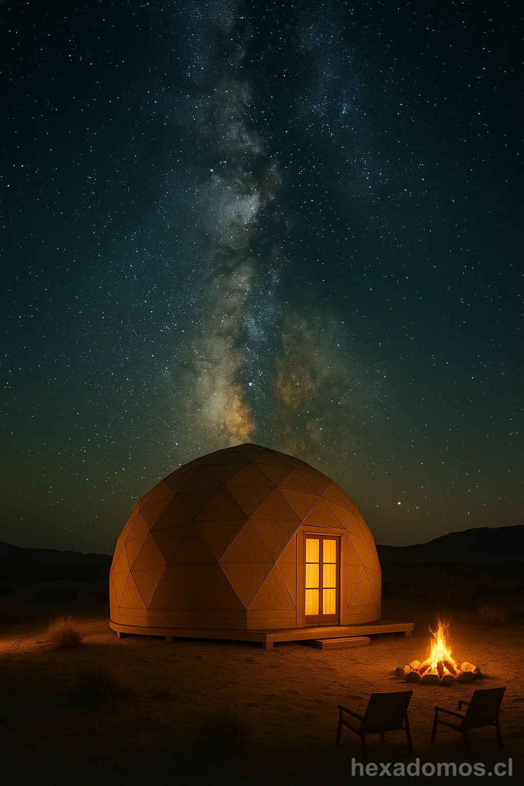 Domo geodésico oscuro bajo cielo estrellado con Vía Láctea
