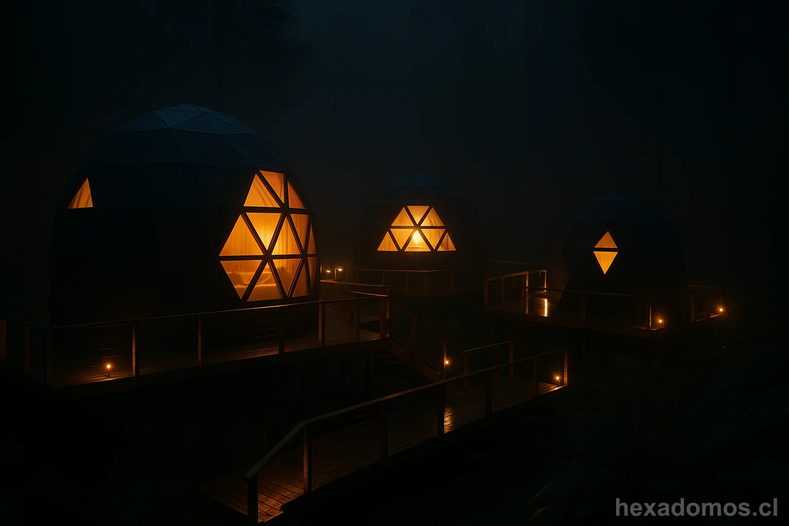 Complejo de domos geodésicos iluminados conectados por pasarelas de madera
