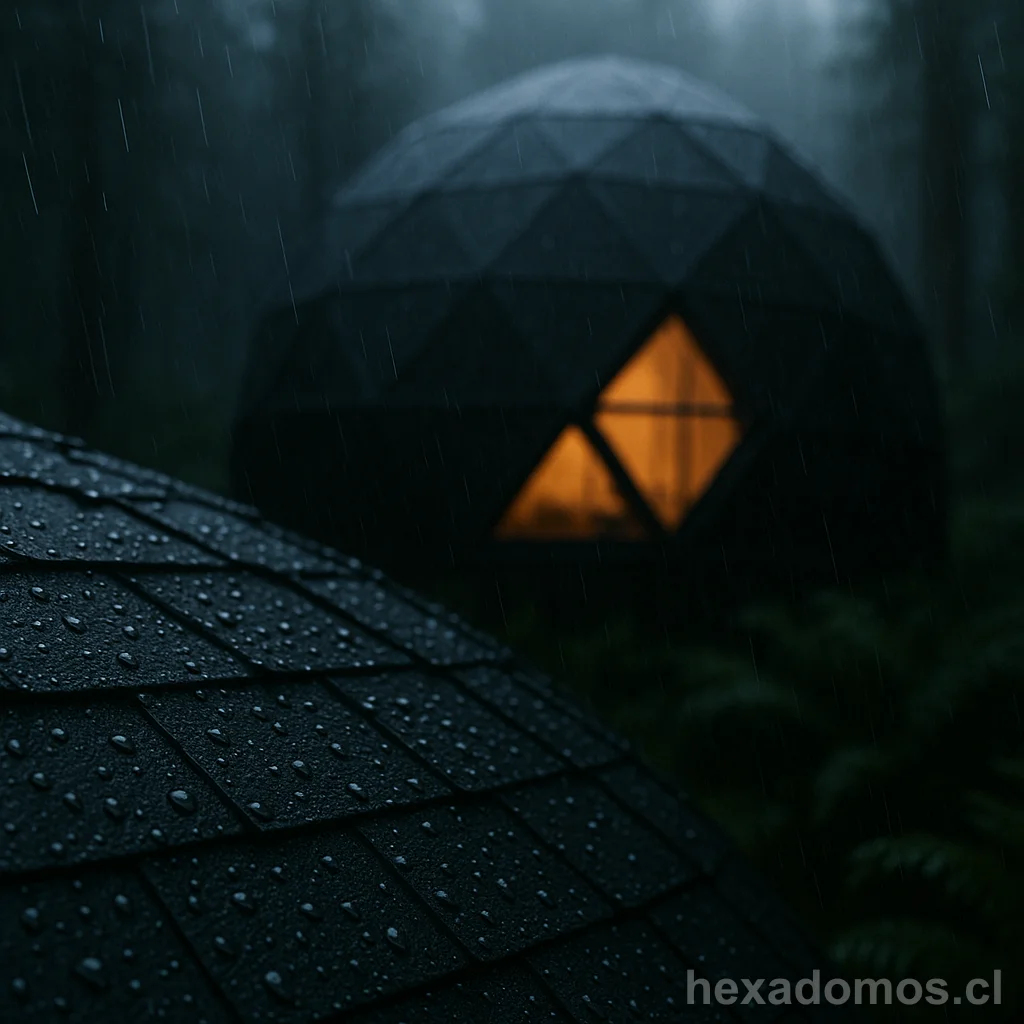 Domo geodésico oscuro bajo la lluvia con ventanas iluminadas