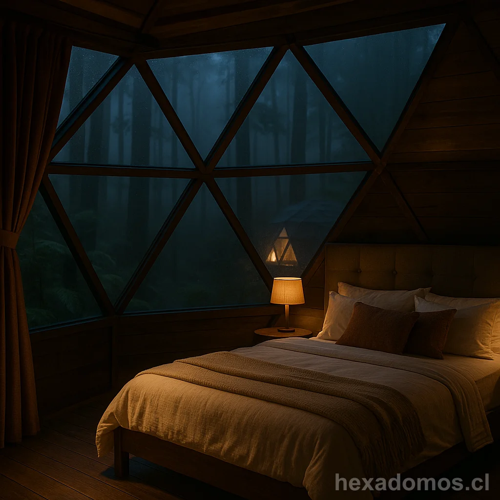 Interior de domo geodésico con dormitorio y vista a bosque brumoso