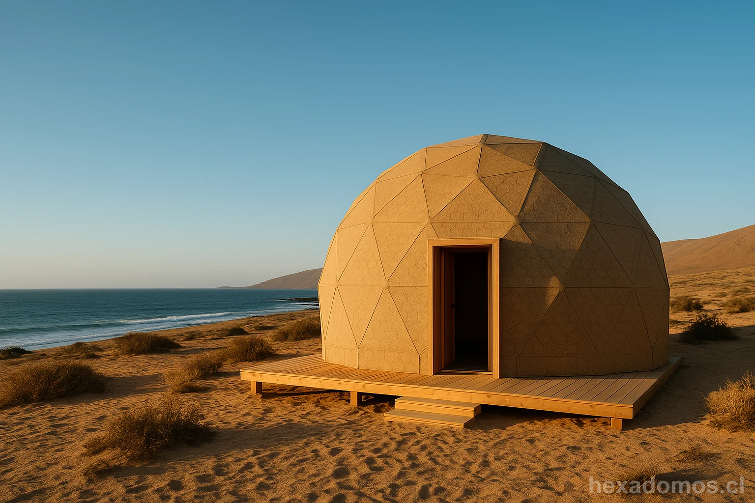 Domo geodésico terminado en costa arenosa con vista al océano