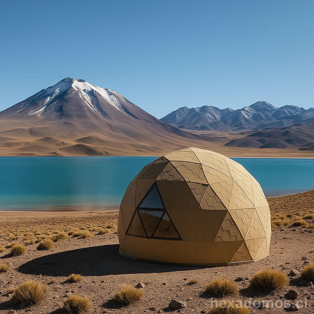Domo geodésico con lago y montañas nevadas